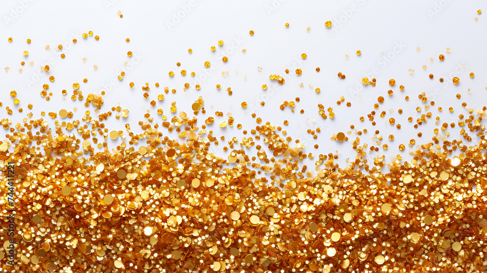 Gold glitter sprinkle flat lay white background, Golden glitter or shimmer on white Background, Generative Ai 