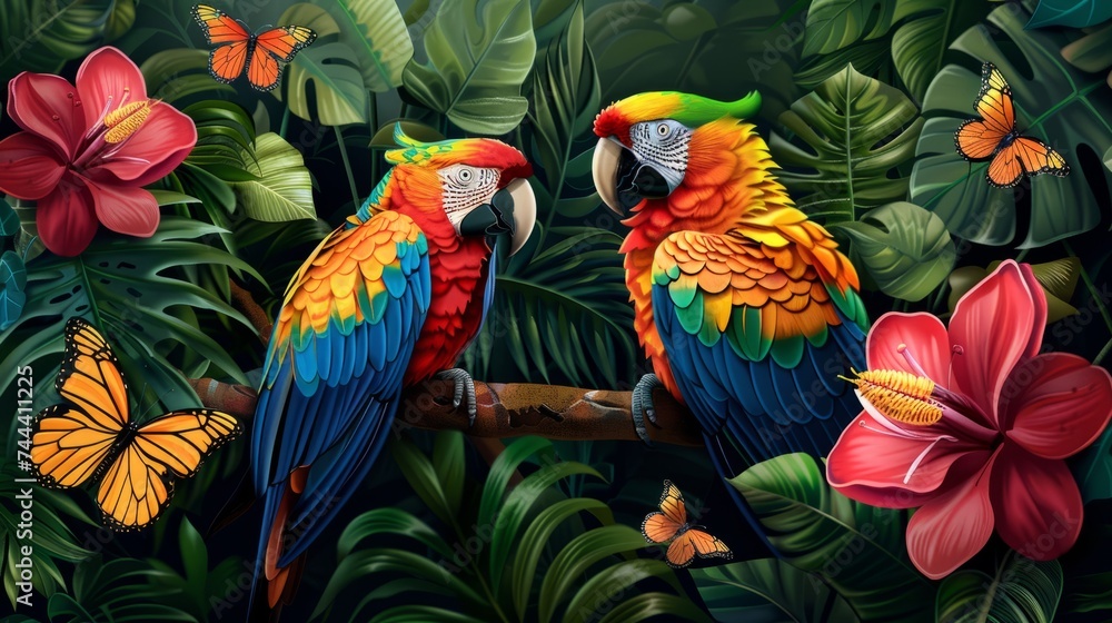 Fototapeta premium Tropical jungle with colorful birds and butterflies