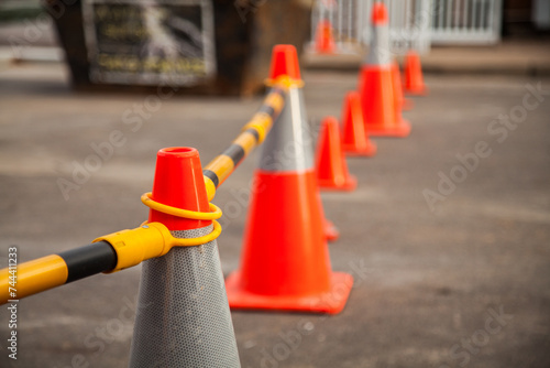 Witches hats blocking of car parks in construction zone photo