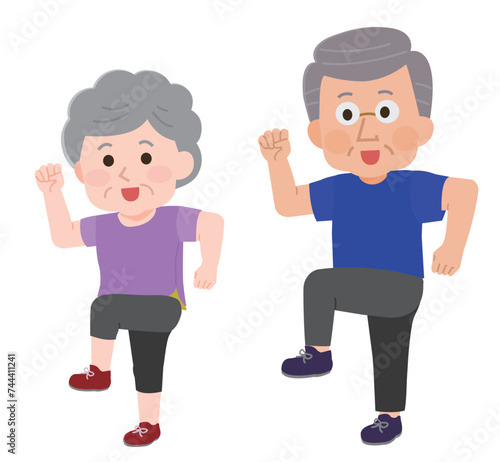 エアロビクスをする高齢者の男性女性　イラスト