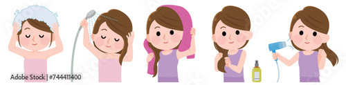 ヘアケアをする女の子　詰め合わせ　セット　イラスト
