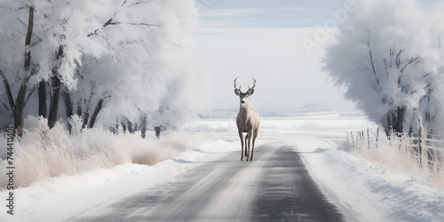 Deer Standing on a Snowy Road. Noble Deer with Winter Landscape