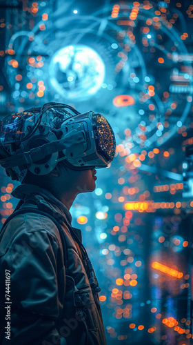 An engineer surrounded by swirling glowing sensors and monitors showcasing advanced technology at work