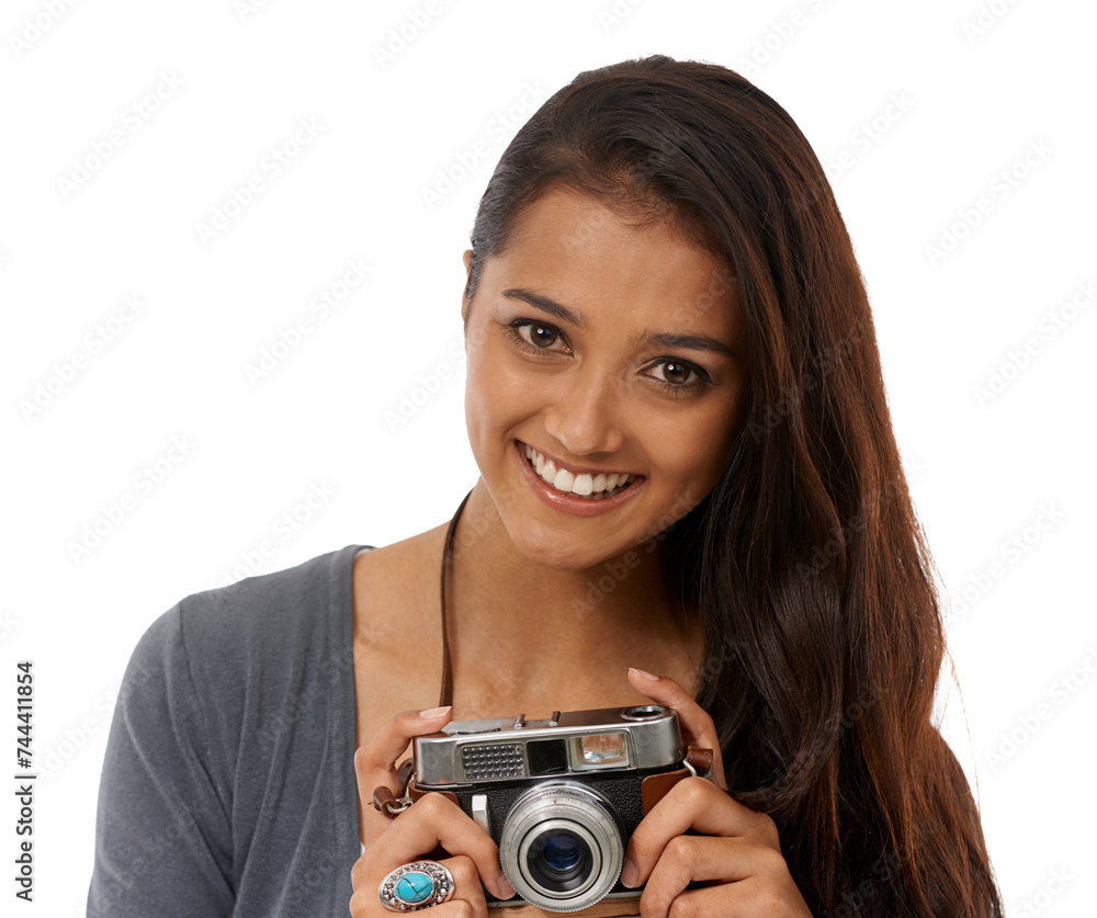 Camera, portrait and happy woman in studio for creative photoshoot, memory or capture on what background. Lens, career and face of student journalist with equipment for paparazzi, news or reporting Camera, portrait and happy woman in studio for creative photoshoot, memory or capture on what background. Lens, career and face of student journalist with equipment for paparazzi, news or reporting