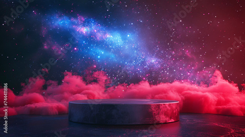 A mesmerizing cosmic scene featuring a podium against a backdrop of a vibrant nebula and a star-filled sky, evoking otherworldly wonder.