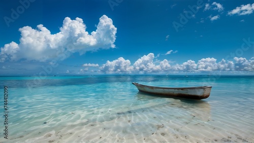 a small boat in the sea and sky background, in the style of sky-blue and azure, documentary photo © Sira