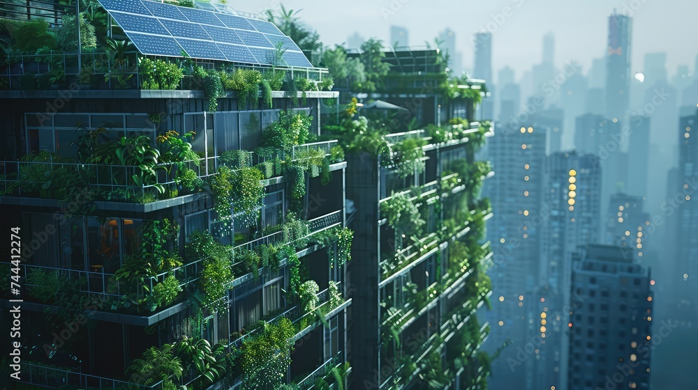 Obraz premium Solar panels adorning the rooftops of city buildings, transforming concrete jungles into green energy hubs