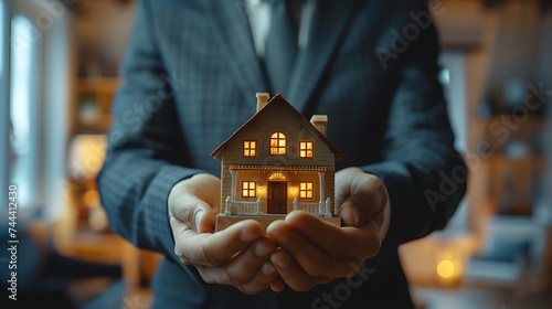 A man in a suit holding a model of a building in his hands.