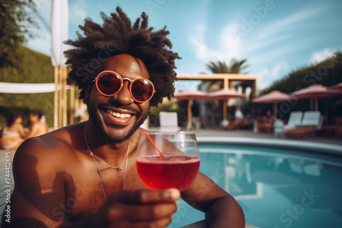 Man with afro hairstyle toasting with cocktail on a pool