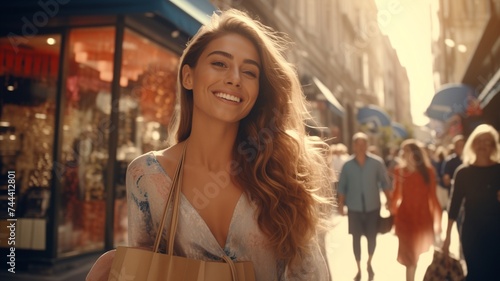  A happy woman holding shopping bags, surrounded by colorful storefronts, her face beaming with satisfaction as she explores the bustling shopping district