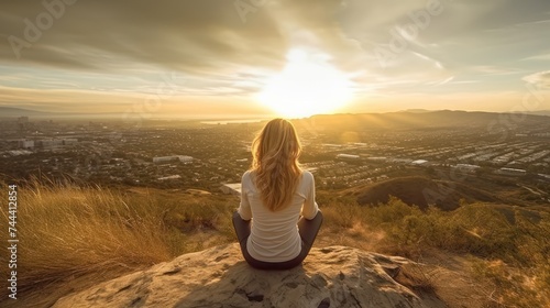 Rear view of woman hiker sitting on rock on top of hill while looking at sunset over San Diego California AI generated