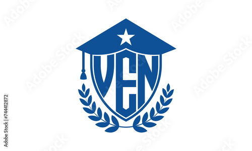 VEN three letter iconic academic logo design vector template. monogram, abstract, school, college, university, graduation cap symbol logo, shield, model, institute, educational, coaching canter, tech
