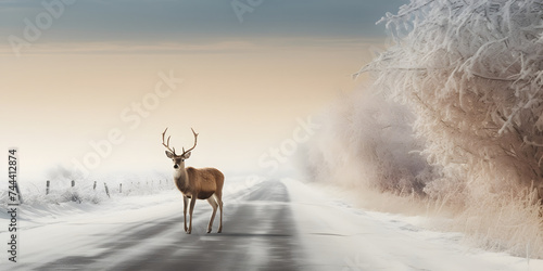 Deer Standing on a Snowy Road. Noble Deer with Winter Landscape © Resdika
