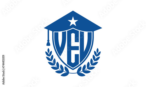 VEU three letter iconic academic logo design vector template. monogram, abstract, school, college, university, graduation cap symbol logo, shield, model, institute, educational, coaching canter, tech photo