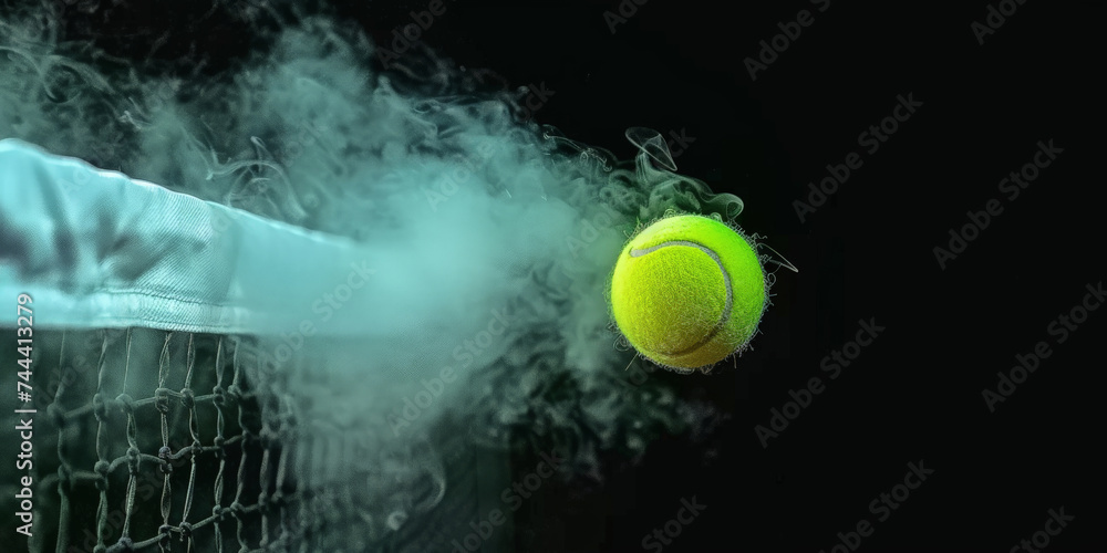 a tennis ball is thrown from a net with smoke appears on dark background