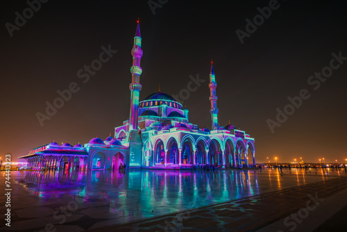 Spectacular View of Illuminated Mosque in Sharjah Light Festival 