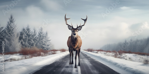 Deer Standing on a Snowy Road. Noble Deer with Winter Landscape