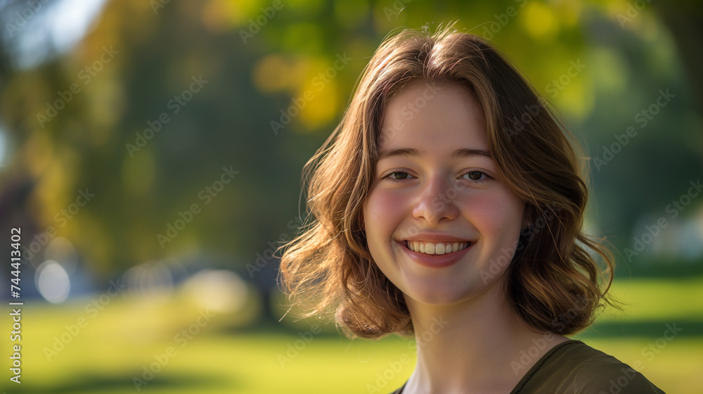 A smiling young woman with shoulder-length hair outdoors in a park.
A smiling young woman with shoulder-length hair outdoors in a park.