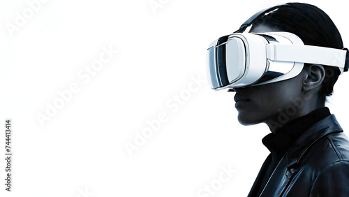 A Woman Wearing A Virtual Reality Headset. A White Background