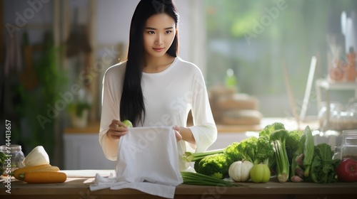 Asian woman with cloth bag and various fruits and vegetables in kitchen