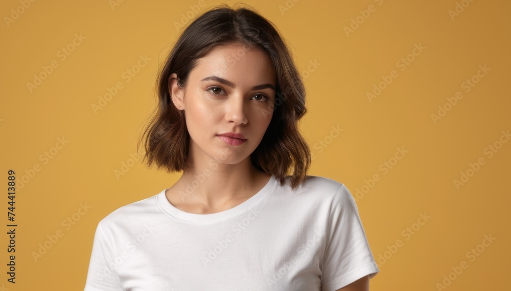 Young woman in white shirt mockup on yellow background. Young woman in white shirt mockup on yellow background.