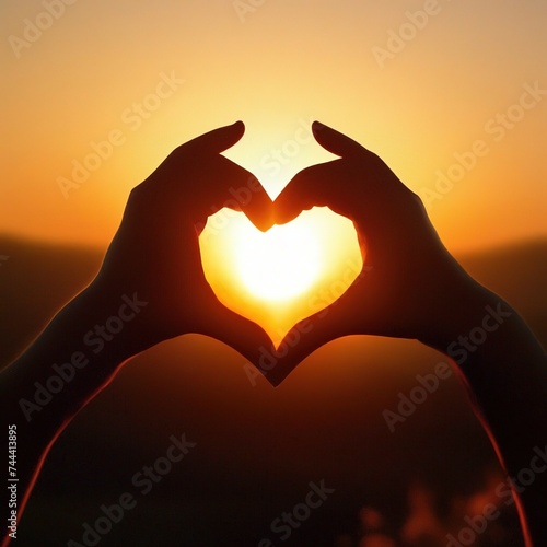 heart folded with hands against sunset background.