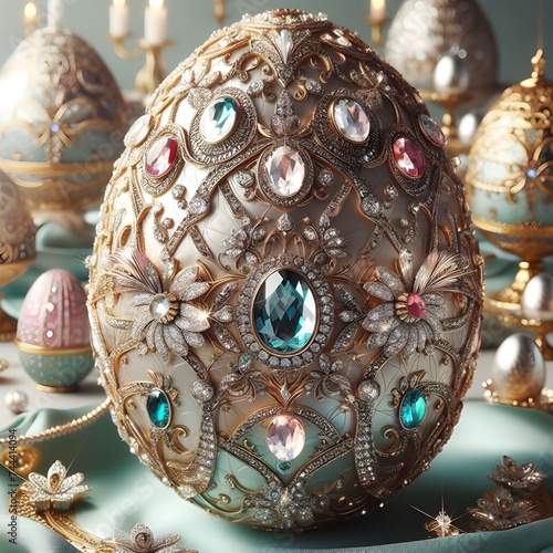 A luxurious Easter egg, encrusted with sparkling jewels and intricate filigree, fit for royalty. Happy Easter 