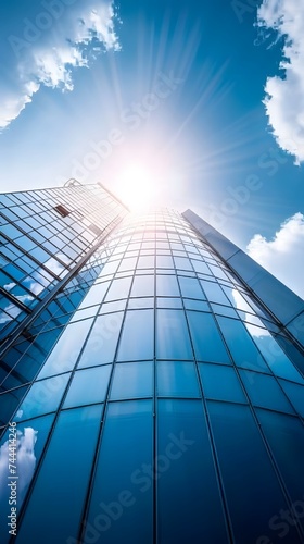 Bright outlook for business. Modern office block with sunny beautiful sky.