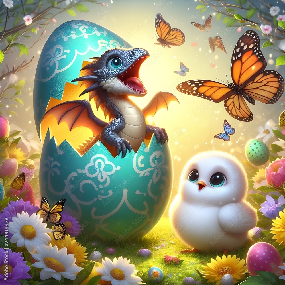A dragon hatching from an Easter egg with mini easter eggs flying surrounded by broken eggshell pieces, generative AI A dragon hatching from an Easter egg with mini easter eggs flying surrounded by broken eggshell pieces, generative AI