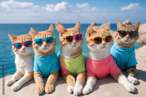 cat in a bright colored T-shirt and sunglasses rests on a sea  © Эля Эля