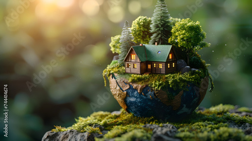 A miniature house is on a globe with trees and water.
