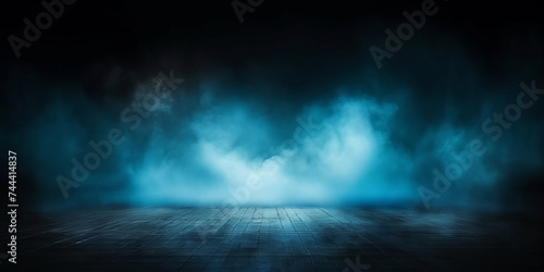 dark blue room background with smoke and floor, Dark empty scene, blue neon searchlight light, smoke, night view, rays, banner poster design