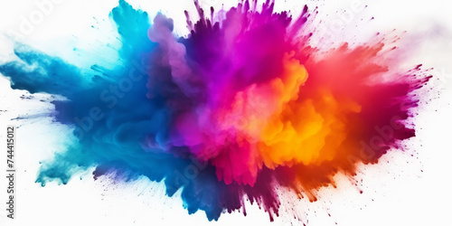 Explosion of colorful powder on white background. rainbow explosion explode burst isolated splatter abstract,Colorful rainbow holi powder splash, smoke or fog particles explosive special effect © Planetz