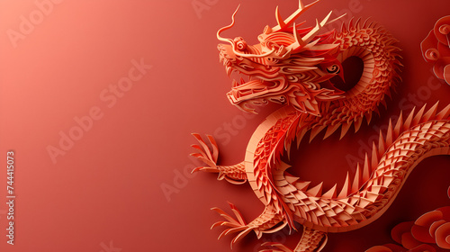 Year of the dragon Chinese celebration with intricate paper cut-out art, symbolizing cultural richness and tradition, captured beautifully, Generative Ai