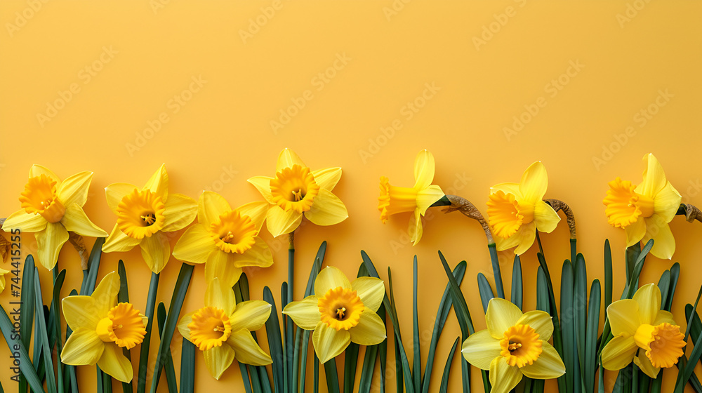 Spring floral background with vibrant yellow narcissus or daffodil flowers blooming, evoking the essence of the season's beauty. Generative AI

 - obrazy, fototapety, plakaty 