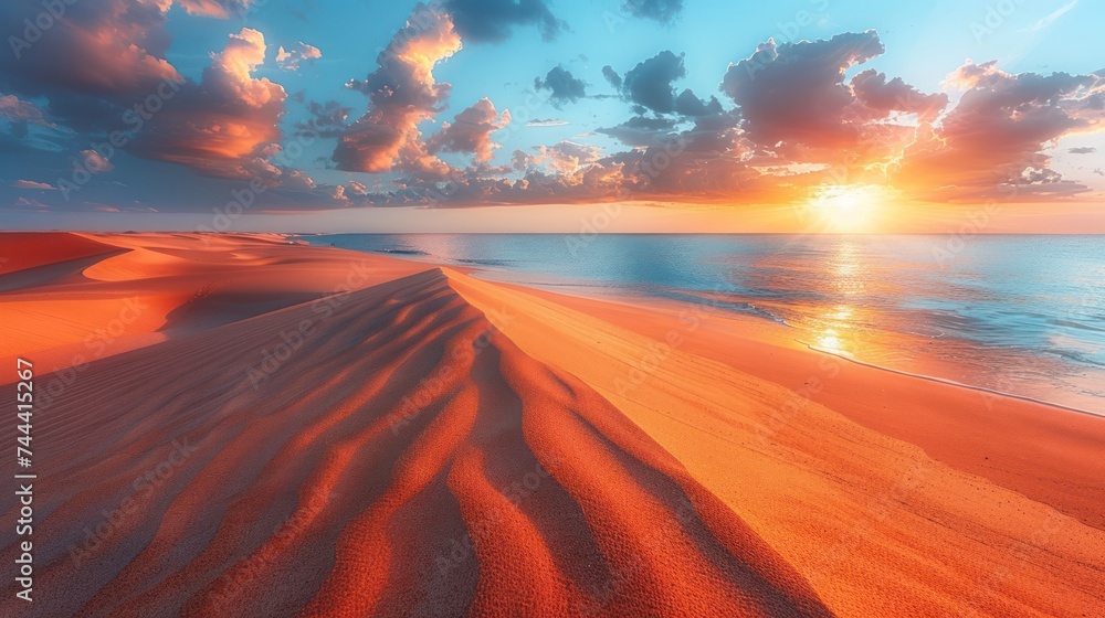 Panorama landscape of sand dunes system on beach at sunrise, AI generated
