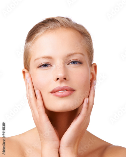 Skincare  cosmetic and woman in studio with beauty  natural and face routine for wellness. Glow  health and portrait of female person from Canada with facial dermatology treatment by white background