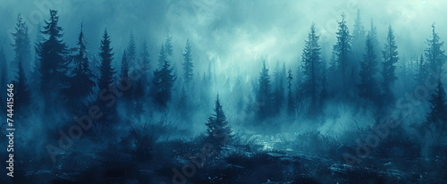 Fotografia Wild natural landscape with mountains, coniferous fores and heavy fog