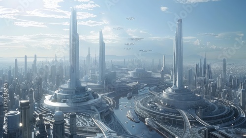 A sprawling cityscape blending futuristic skyscrapers with advanced holographic displays and bustling hovercraft traffic