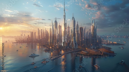 A sprawling cityscape blending futuristic skyscrapers with advanced holographic displays and bustling hovercraft traffic photo