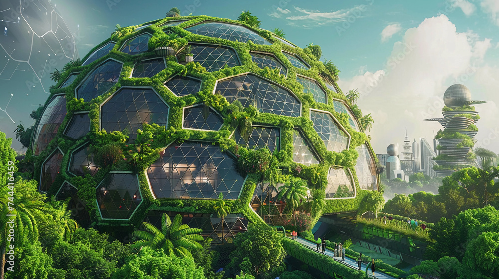 Eco-friendly green dome, covered in lush vegetation, set in a sustainable city of the future, people and green energy sources visible