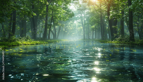 Morning in the forest with river. Beautiful landscape