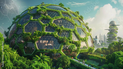 Eco-friendly green dome, covered in lush vegetation, set in a sustainable city of the future, people and green energy sources visible