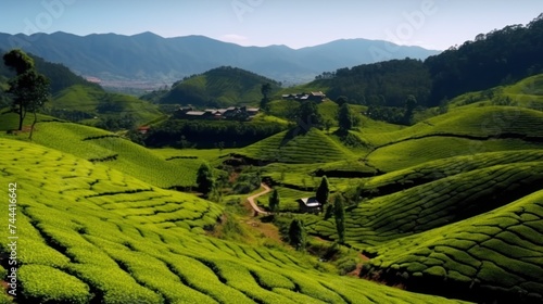 Picturesque tea plantation  Corn fields on the hills.