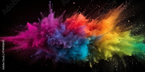 Explosion of colorful powder on black background. rainbow explosion explode burst isolated splatter abstract,Colorful rainbow holi powder splash, smoke or fog particles explosive special effect