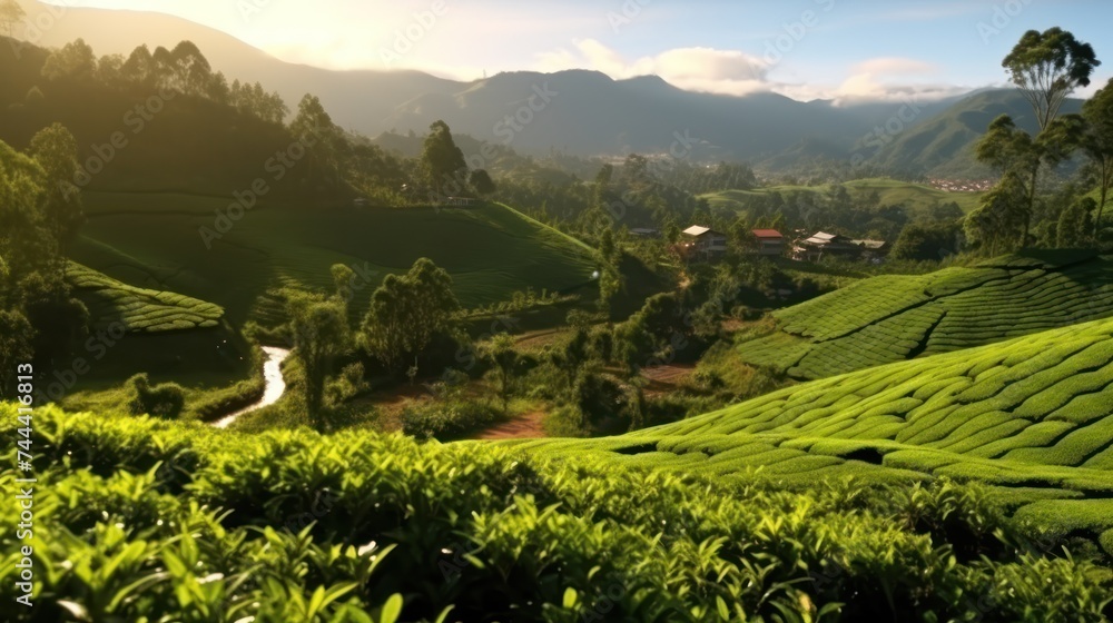 Picturesque tea plantation, Corn fields on the hills.