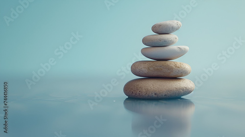 Balanced pebble stones for spa treatments on blue background the balancing cairn symbol of harmony tranquility   generative ai