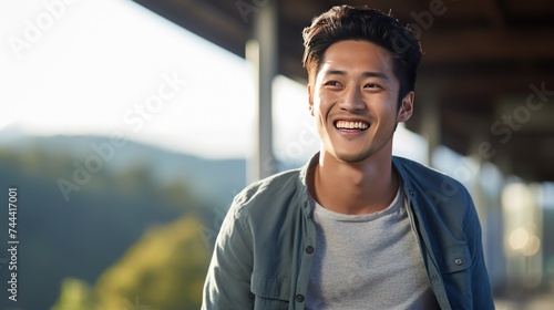 portrait of a casually dressed handsome young Asian man smiling  photo