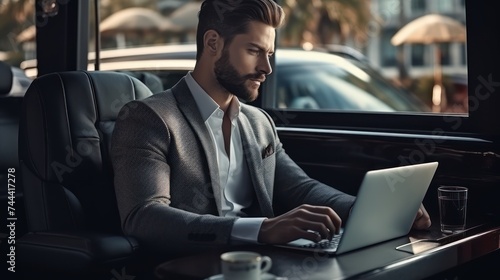 Handsome businessman working on laptop computer while sitting in luxury car. © ANStudio