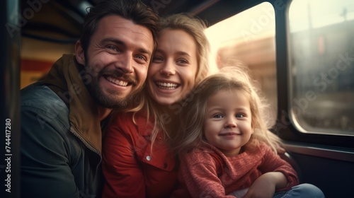 Happy family in a modern train. Family trip concept.